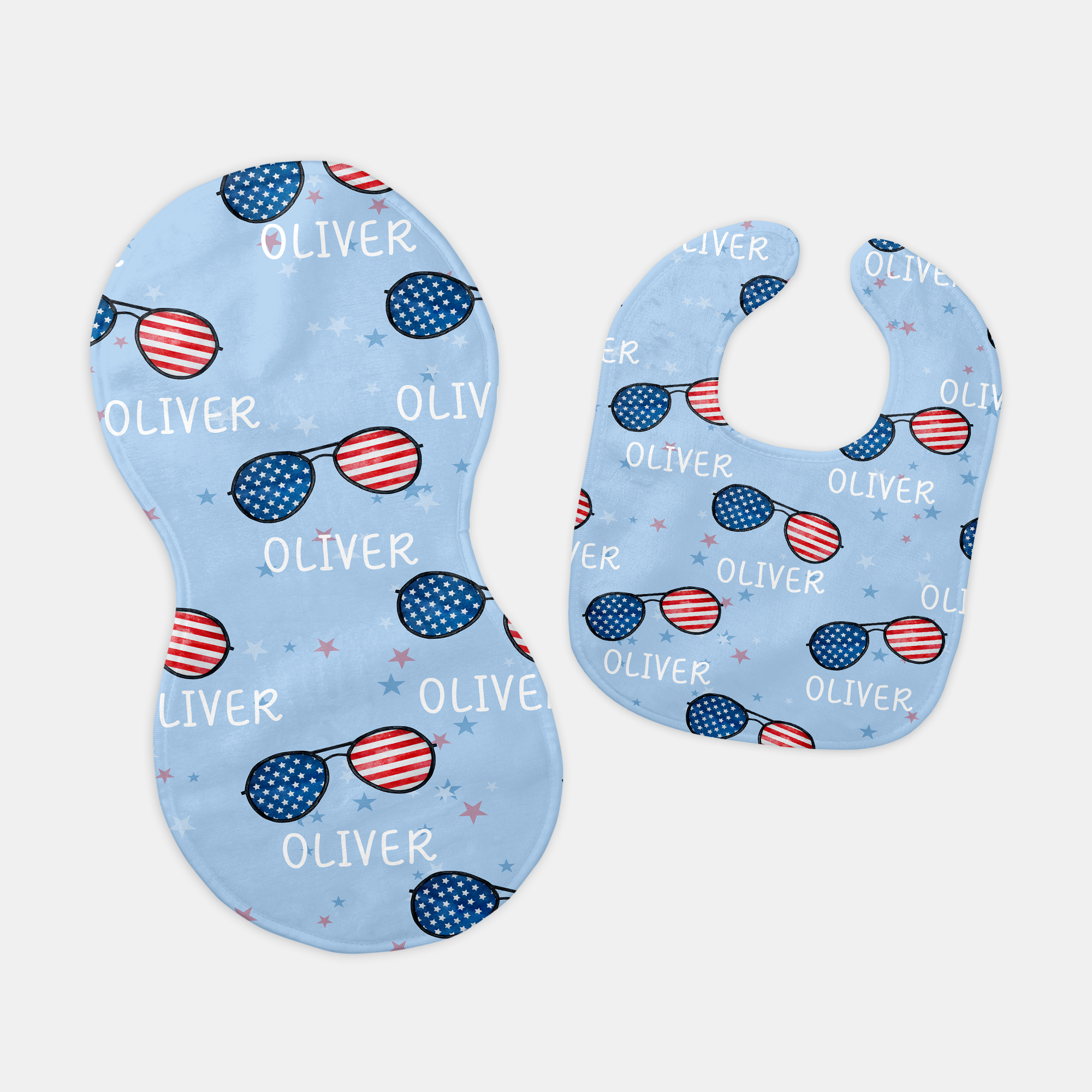 Patriotic Stars Stripes Personalized Bib and Burp Cloth Set