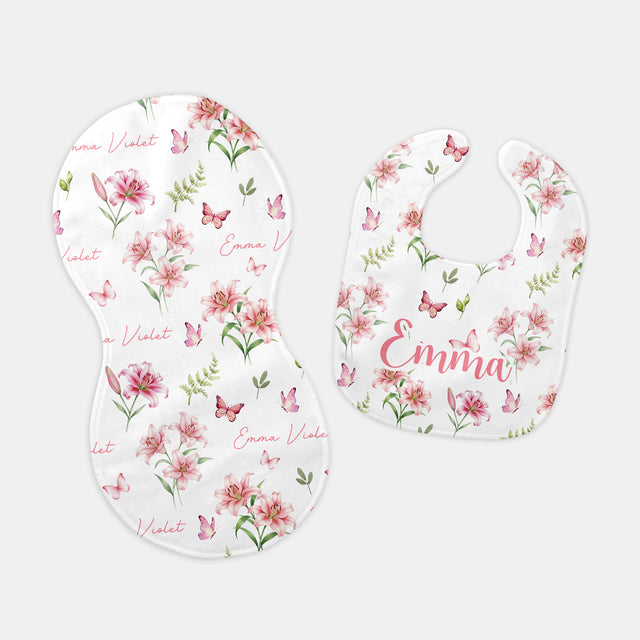 Personalized Bib and Burp Cloth Set in Pink Lilys