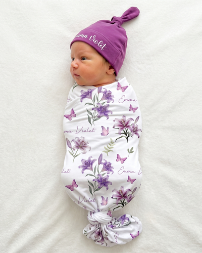 Personalized Swaddle in Purple Lilys