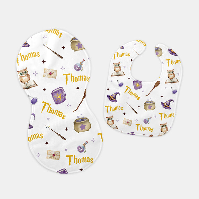 Personalized Bib and Burp Cloth Set in Wizard School