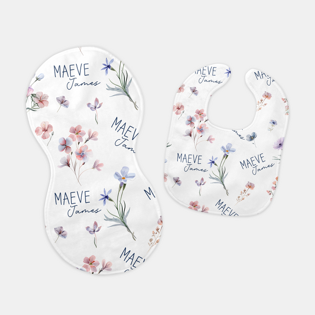 Personalized Bib and Burp Cloth Set in Pretty Wildflower