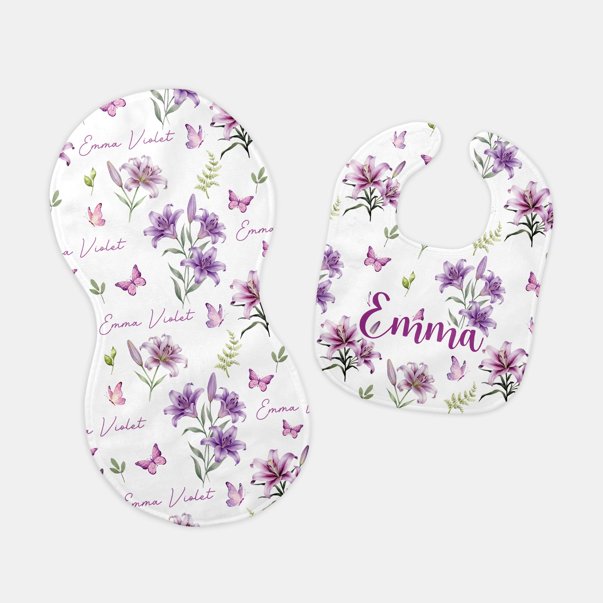 Personalized Bib and Burp Cloth Set in Purple Lilys