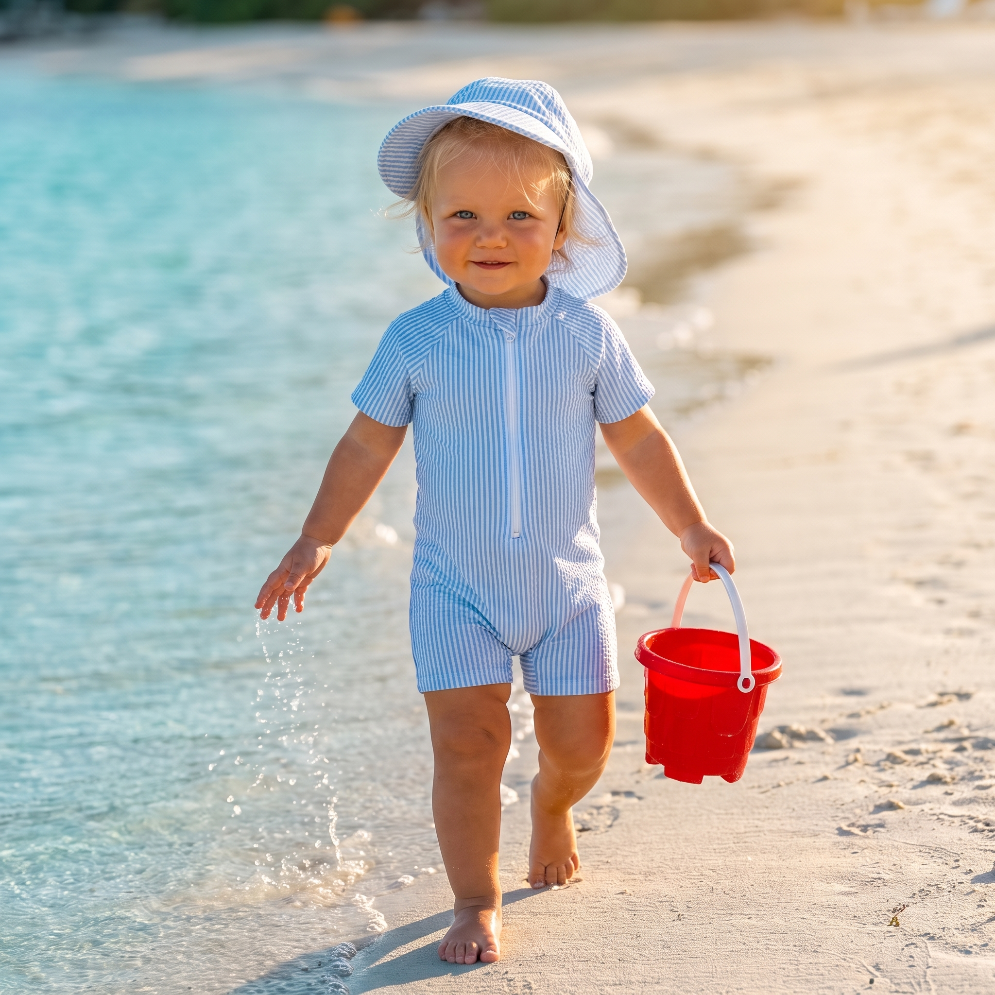 Striped Swim Romper with Hat in Blue