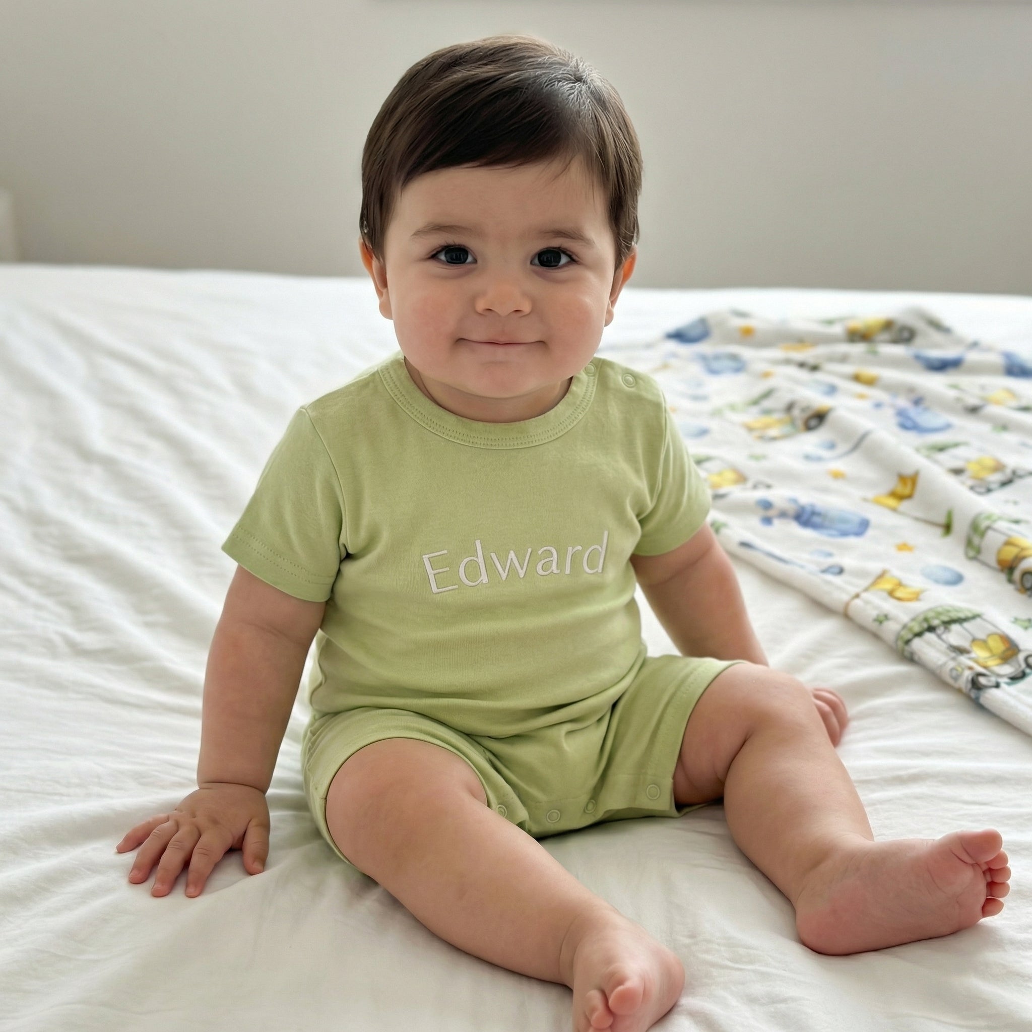 Embroidered Short Sleeve Snap Romper in Avocado