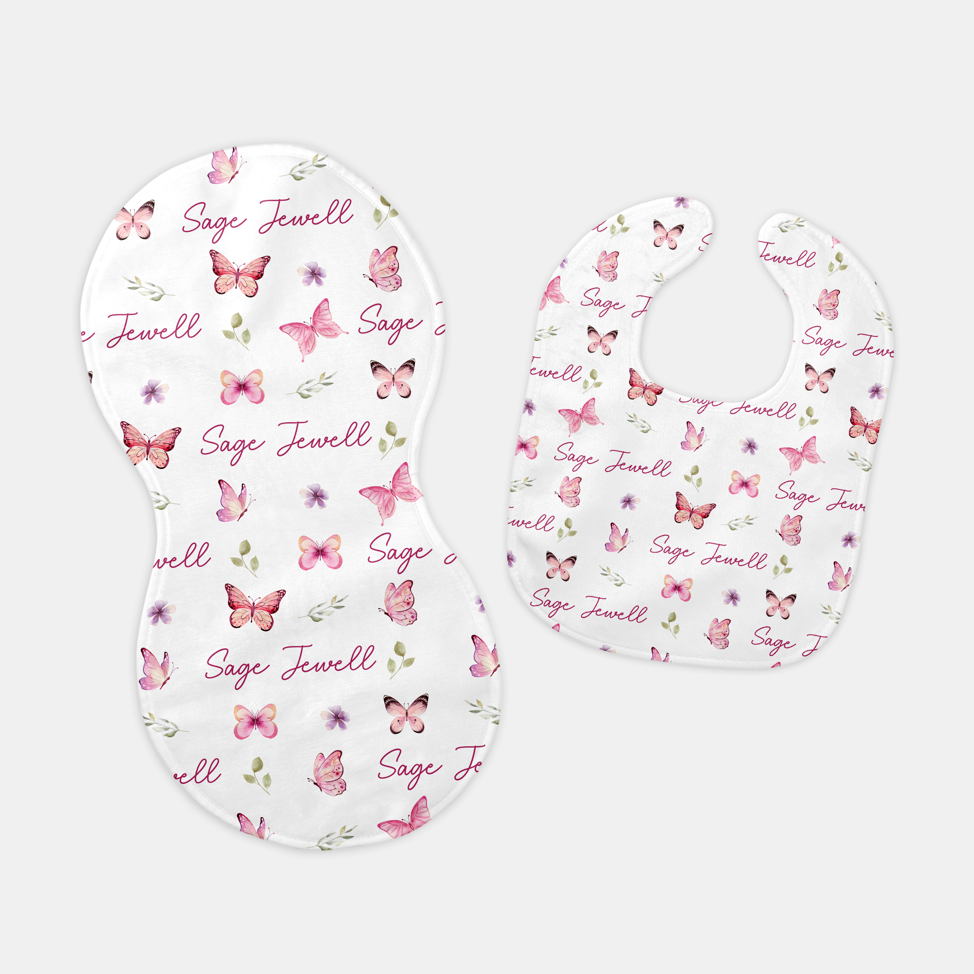 Pink Butterfly Personalized Bib and Burp Cloth Set