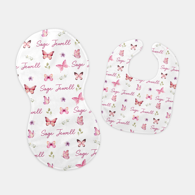 Personalized Bib and Burp Cloth Set in Pink Butterfly