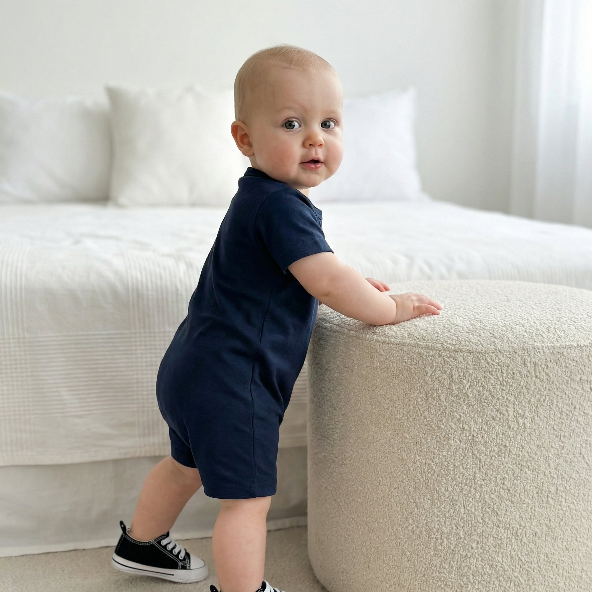 Embroidered Short Sleeve Snap Romper in Navy Blue