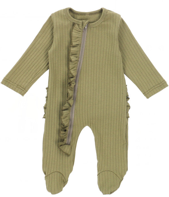 Ruffle Zipper Footie in Army Green