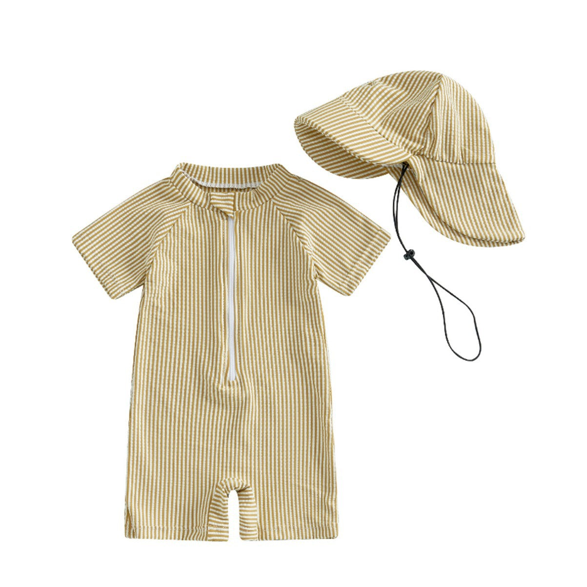 Striped Swim Romper with Hat in Khaki