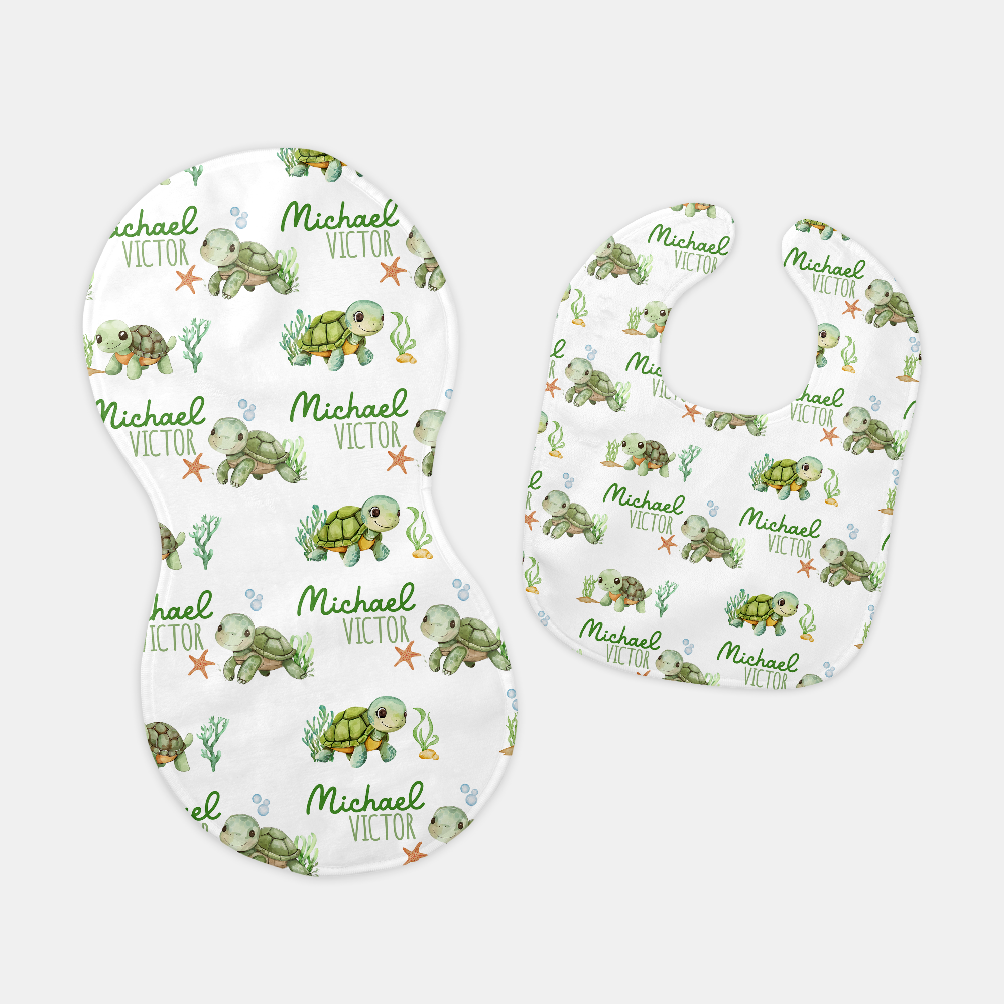 Personalized Bib and Burp Cloth Set in Sea Turtle