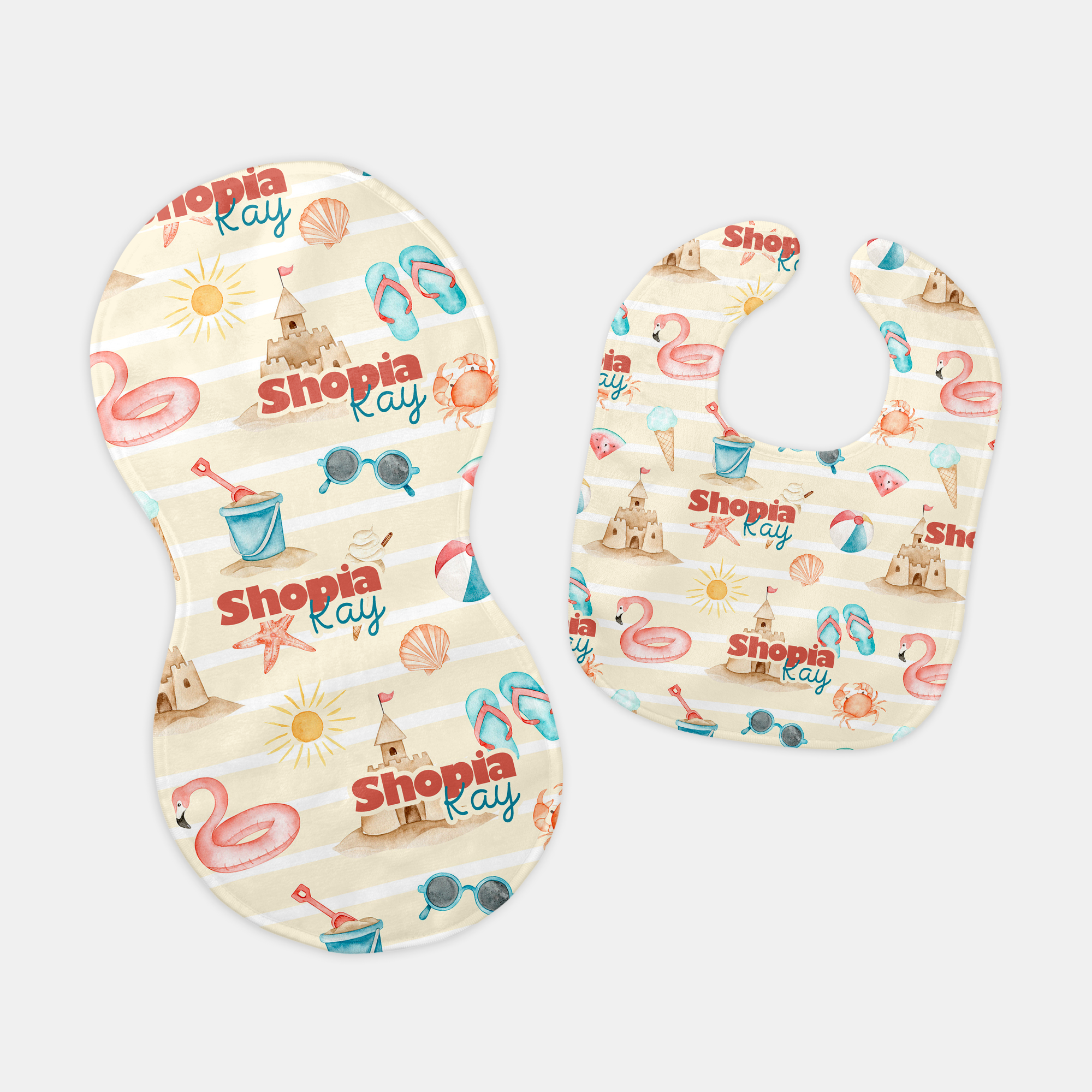 Summer Beach Personalized Bib and Burp Cloth Set