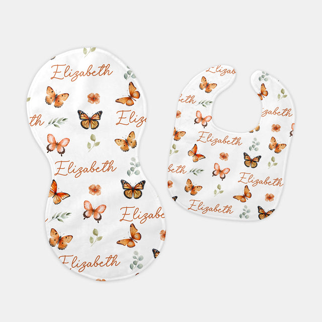 Personalized Bib and Burp Cloth Set in Orange Butterfly