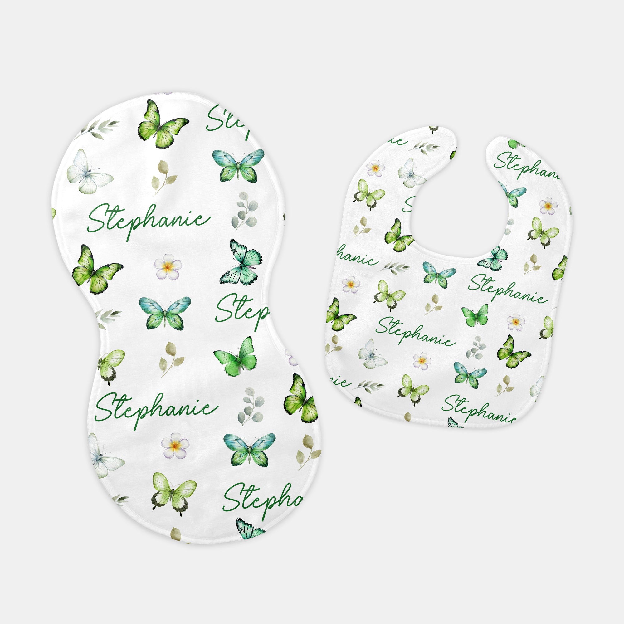 Green Butterfly Personalized Bib and Burp Cloth Set