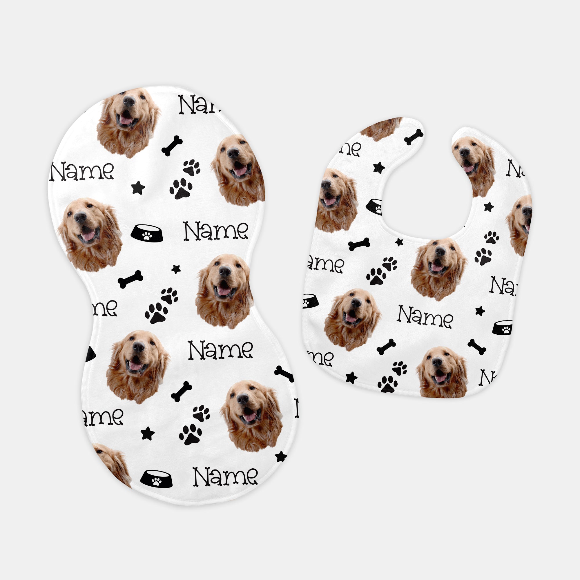 Personalized Bib and Burp Cloth Set in Custom Dog Portrait