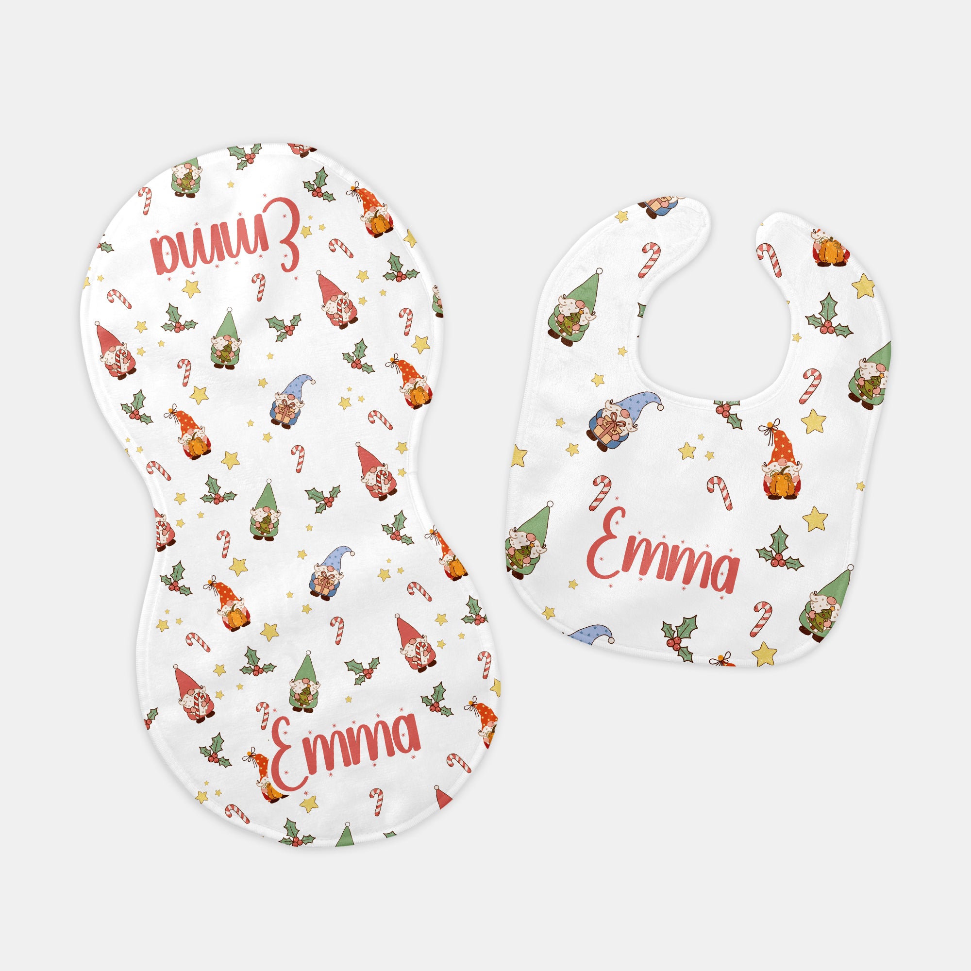 Christmas Gnomes Personalized Bib and Burp Cloth Set