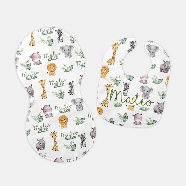 Personalized Bib and Burp Cloth Set in Safari Animal