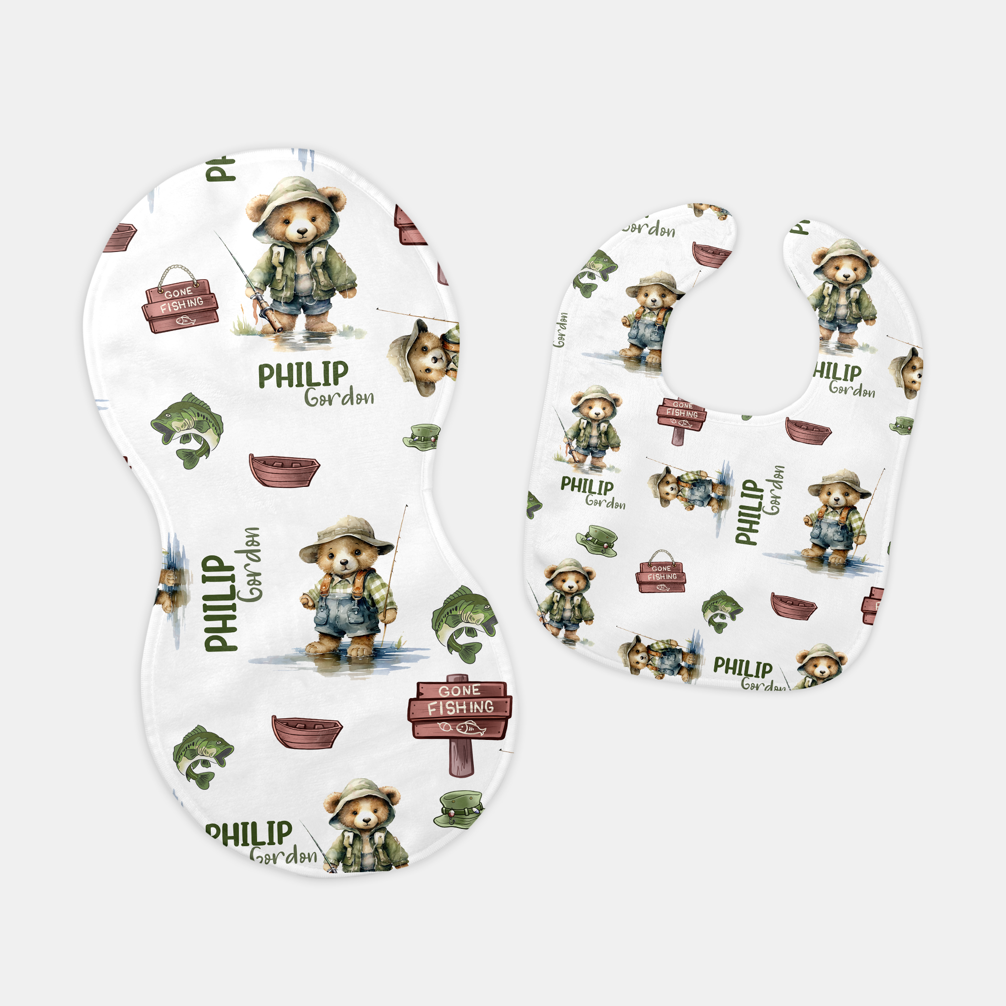 Bear Fishing Personalized Bib and Burp Cloth Set