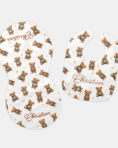 Personalized Bib and Burp Cloth Set in Cozy Bear