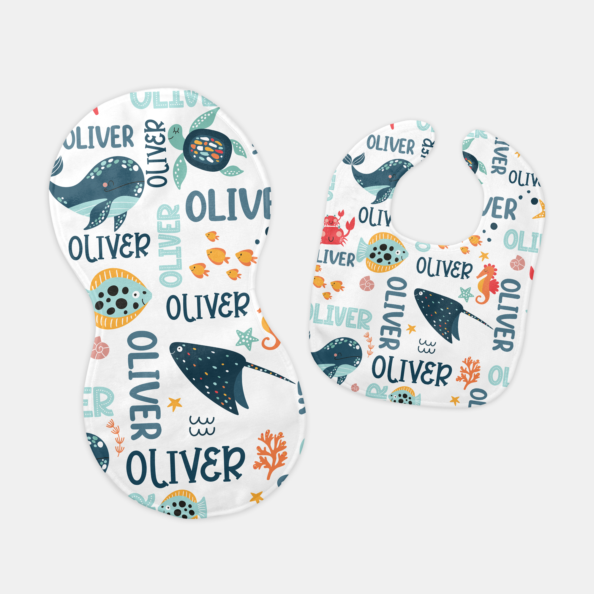 Personalized Bib and Burp Cloth Set in Ocean Animals