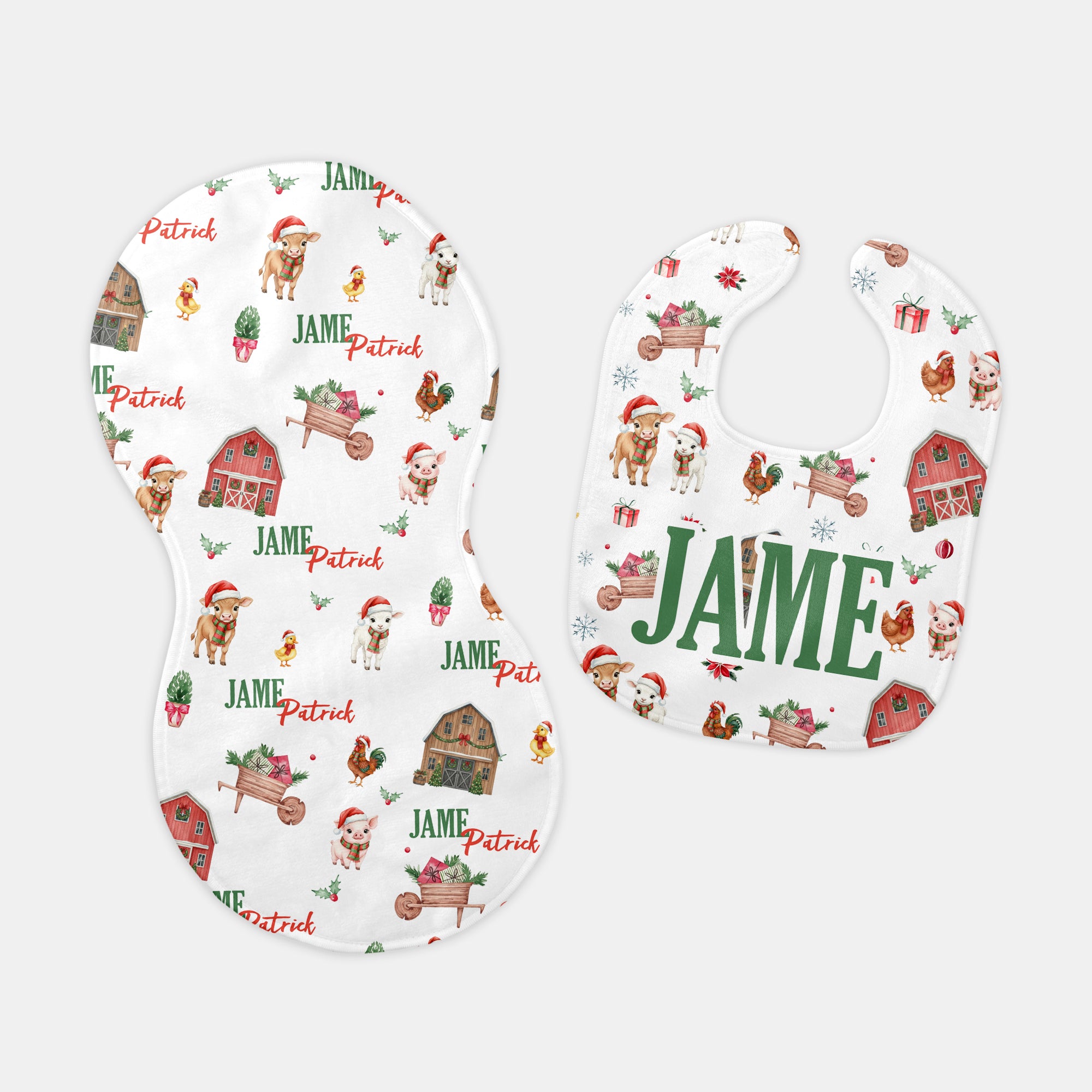 Xmas Farm Personalized Bib and Burp Cloth Set