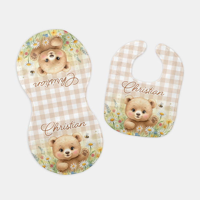 Personalized Bib and Burp Cloth Set in Cozy Bear