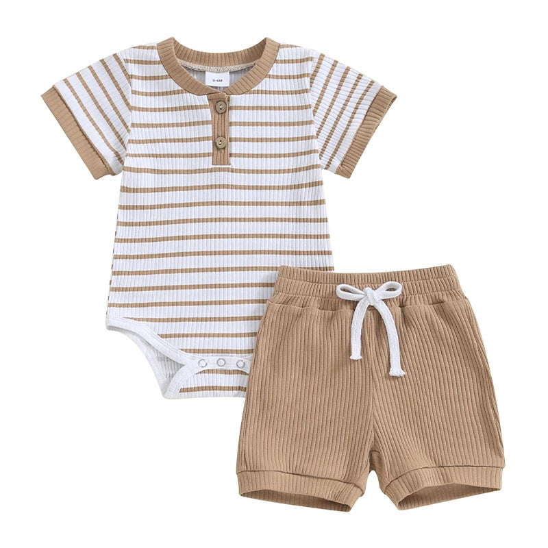 Striped Bodysuit & Shorts Set in Camel