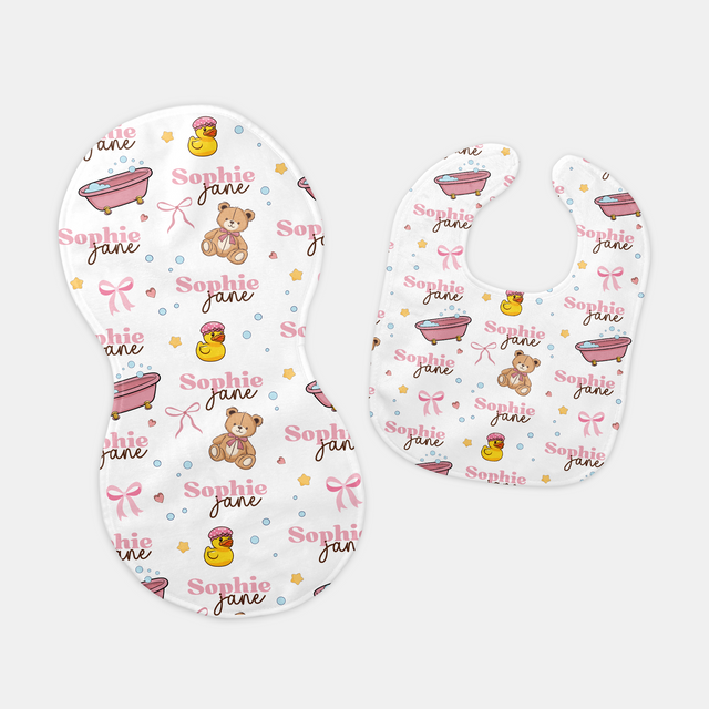 Personalized Bib and Burp Cloth Set in Bathtime Besties