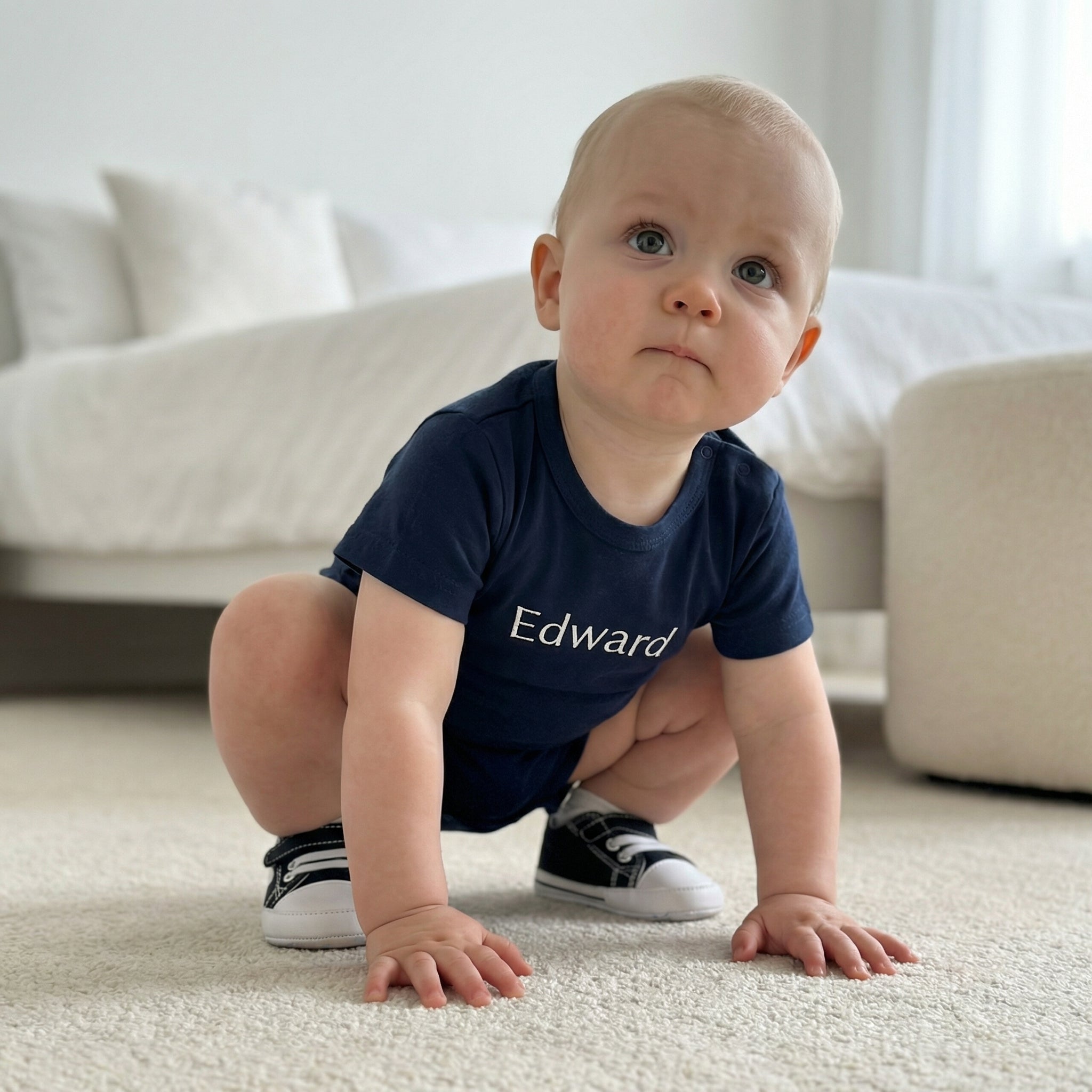 Embroidered Short Sleeve Snap Romper in Navy Blue