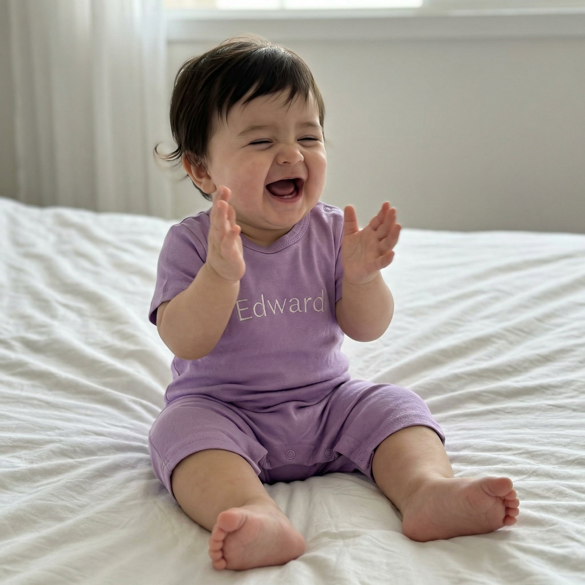 Embroidered Short Sleeve Snap Romper in Lilac Mist