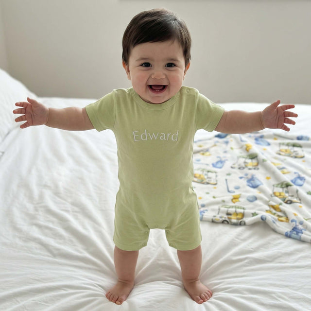 Embroidered Snap Romper in Avocado