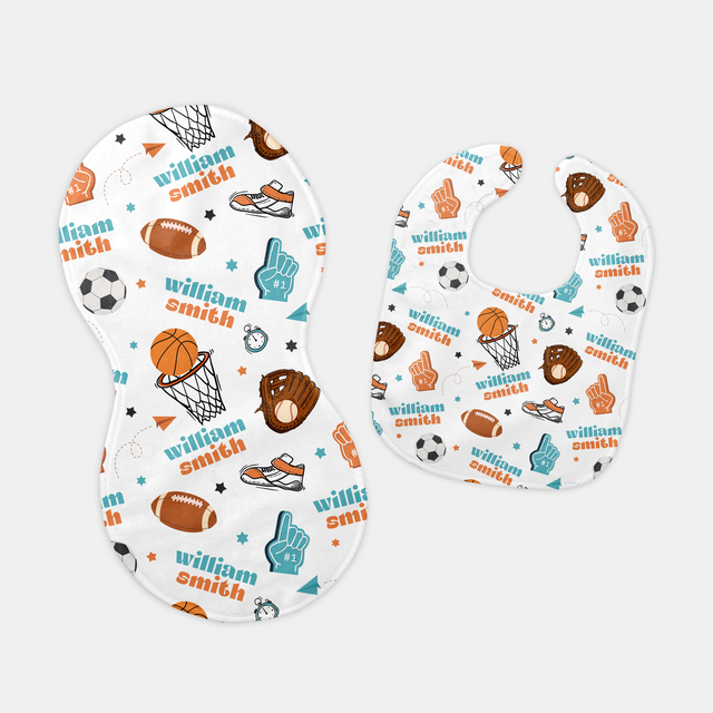 Personalized Bib and Burp Cloth Set in Half Time