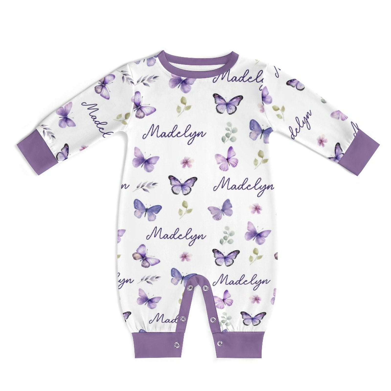 Personalized Baby Long Sleeved Romper in Purple Butterfly