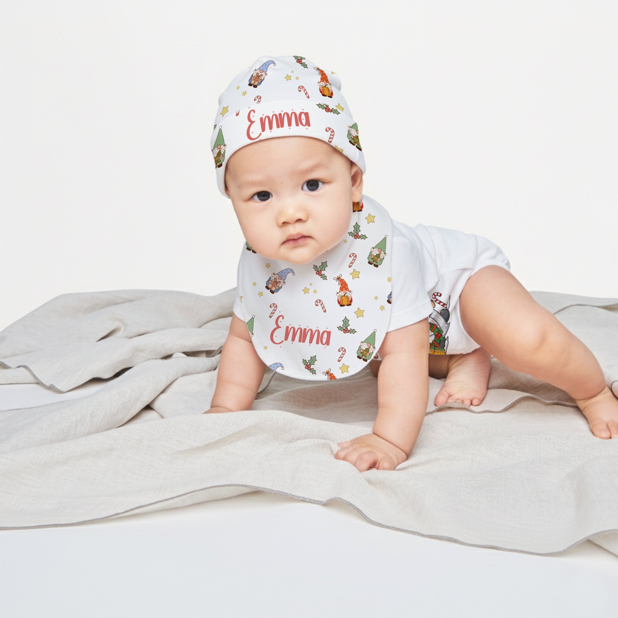 Personalized Bib and Burp Cloth Set in Christmas Gnomes