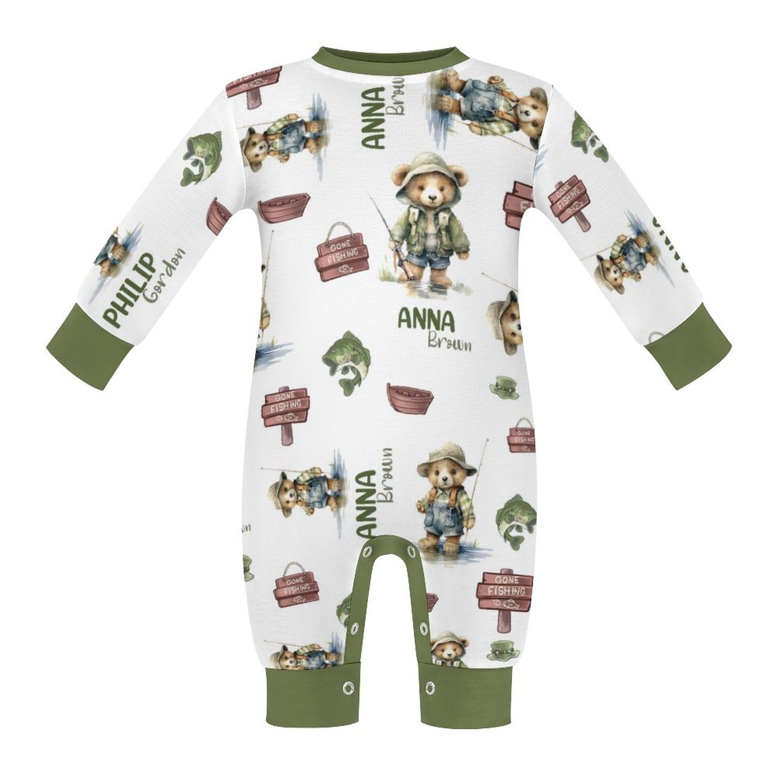 Personalized Baby Long Sleeved Romper in Bear Fishing