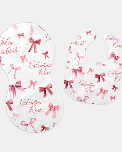 Personalized Bib and Burp Cloth Set in White Coquette Bow