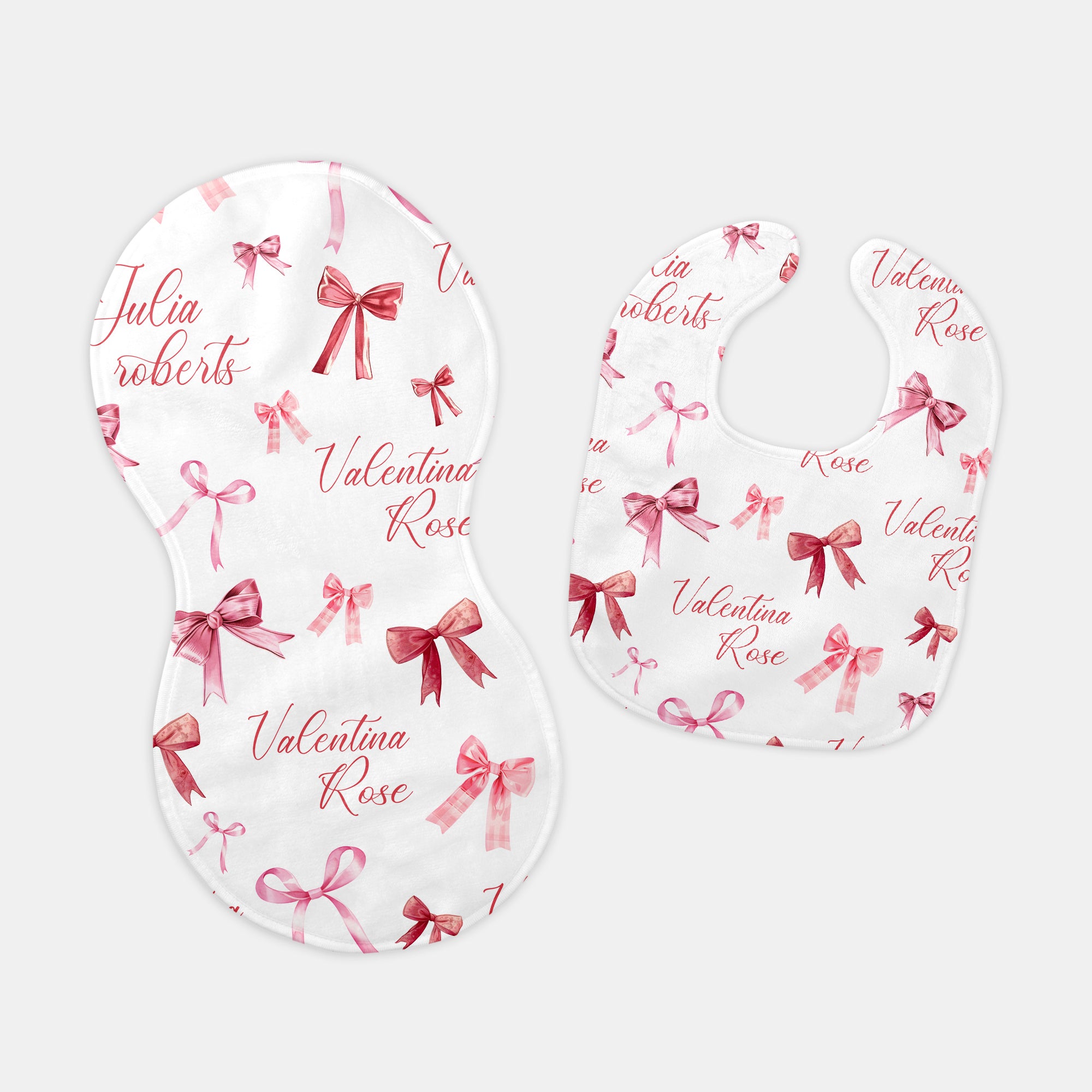 Personalized Bib and Burp Cloth Set in White Coquette Bow