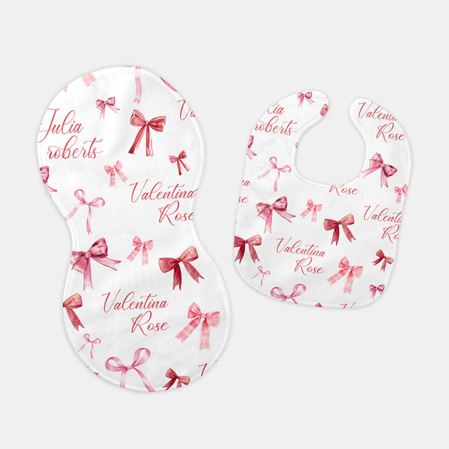 Personalized Bib and Burp Cloth Set in White Coquette Bow