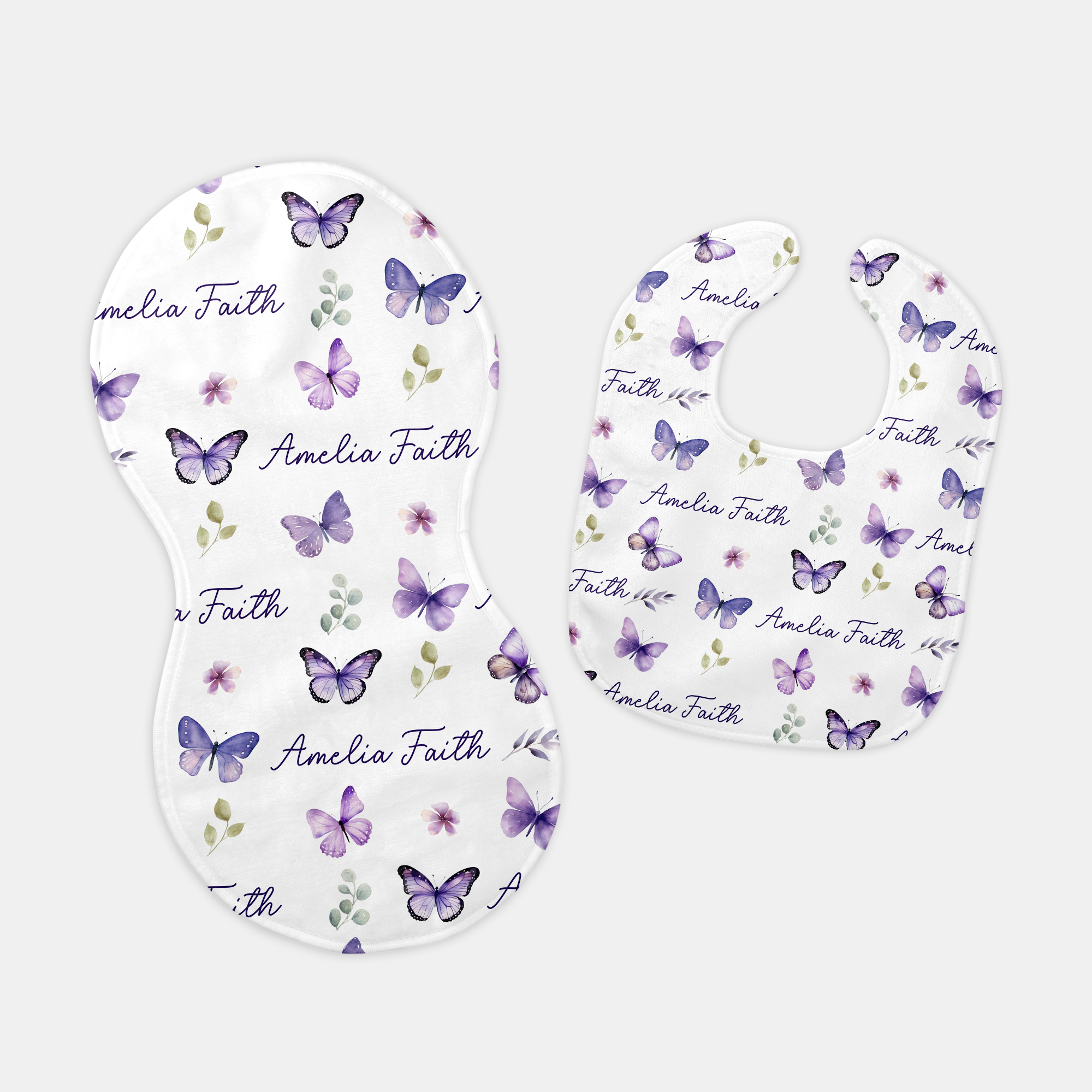 Purple Butterfly Personalized Bib and Burp Cloth Set