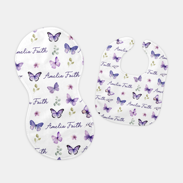 Personalized Bib and Burp Cloth Set in Purple Butterfly