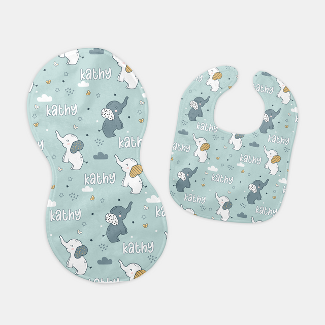 Personalized Bib and Burp Cloth Set in Elephant