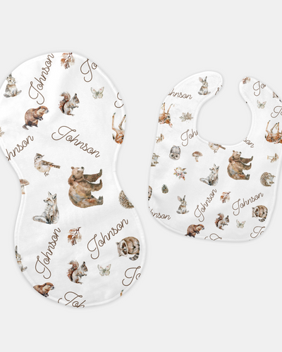 Personalized Bib and Burp Cloth Set in Woodland Animals