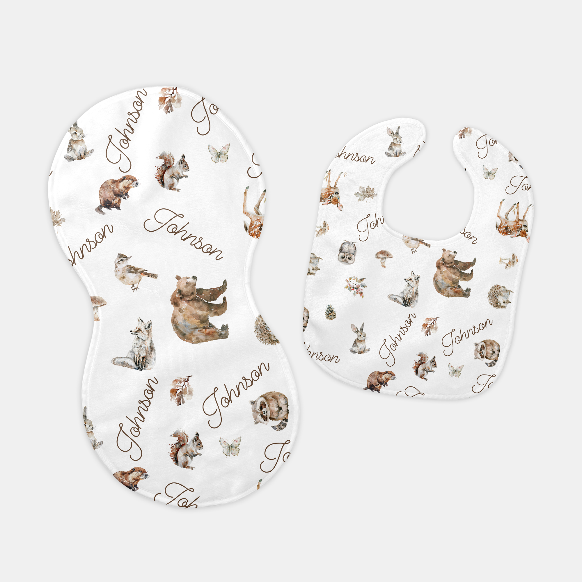 Personalized Bib and Burp Cloth Set in Woodland Animals
