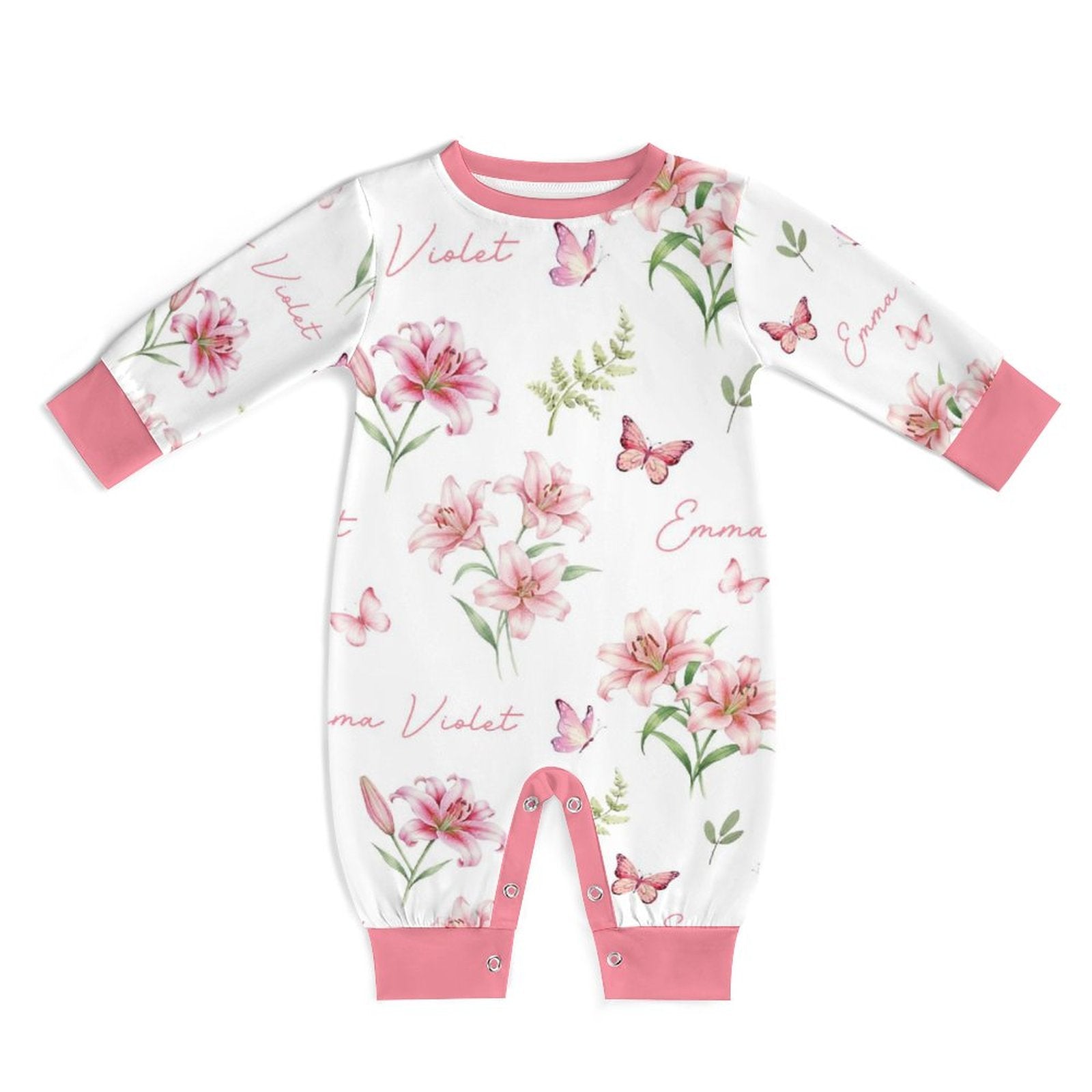 Personalized Baby Long Sleeved Romper in Pink Lilys