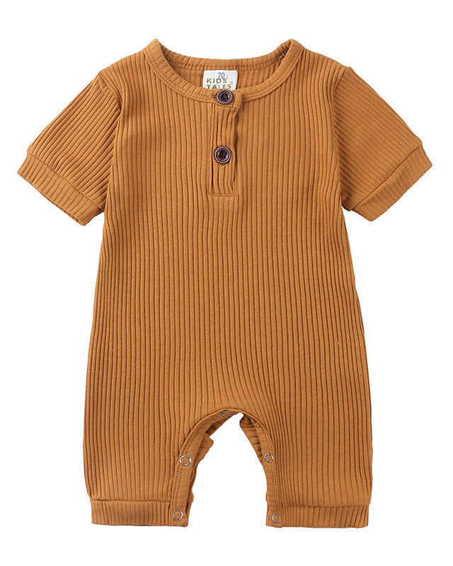 Ribbed Short-sleeved Snap Romper in Brown
