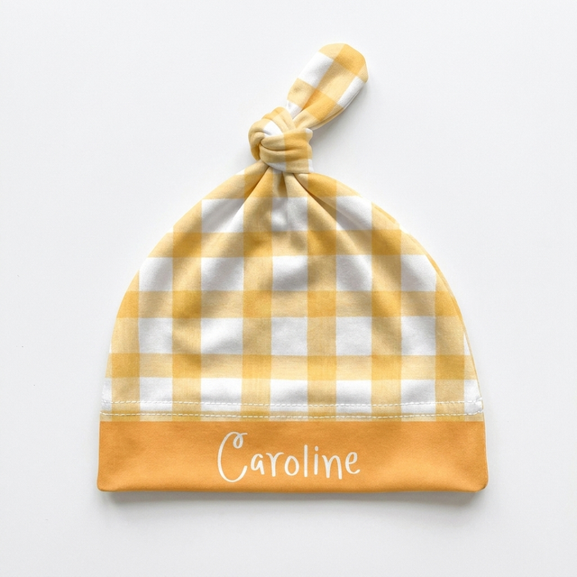 Personalized Knotted Hat in Carrot Plaid