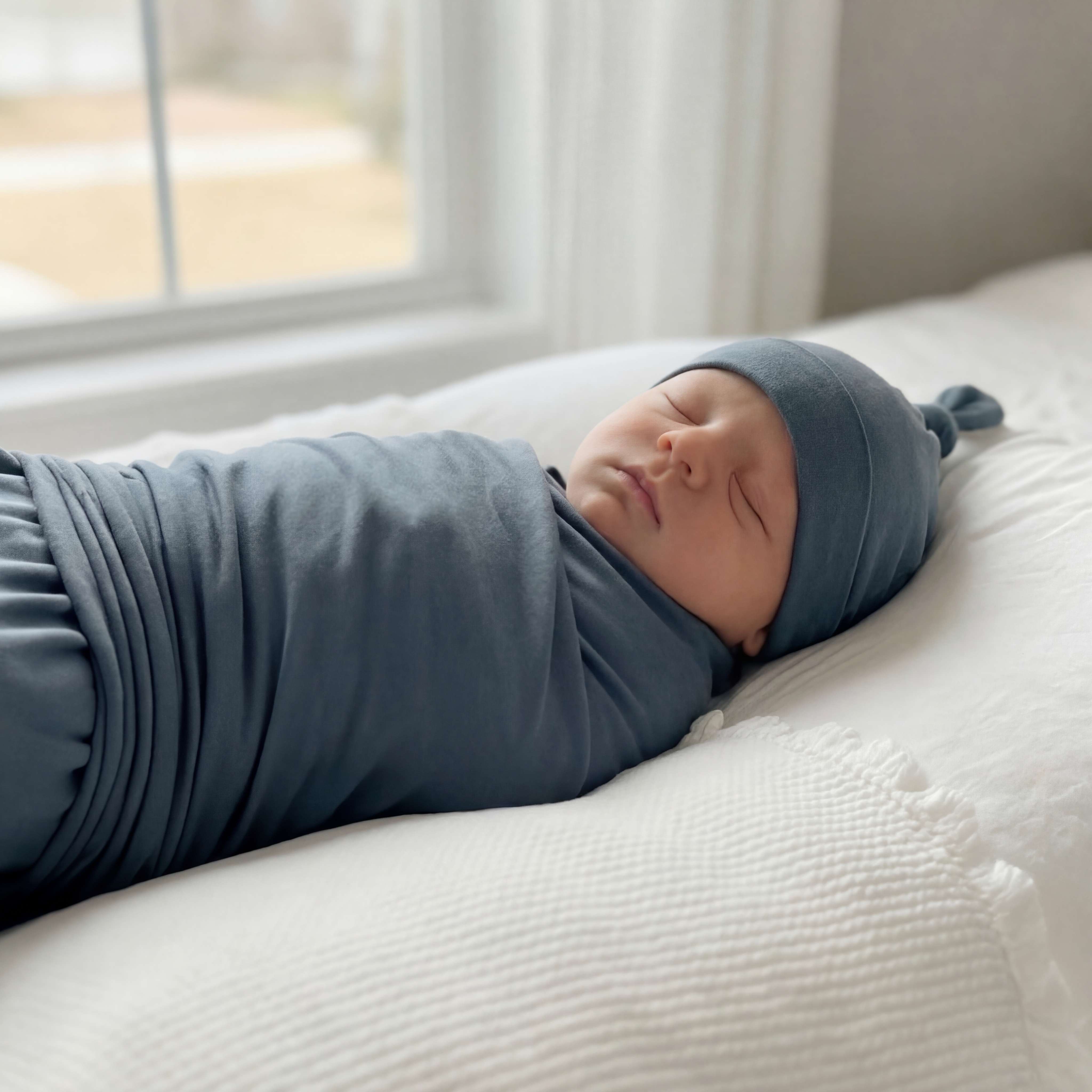 Swaddle with Hat Set in Dusty Blue