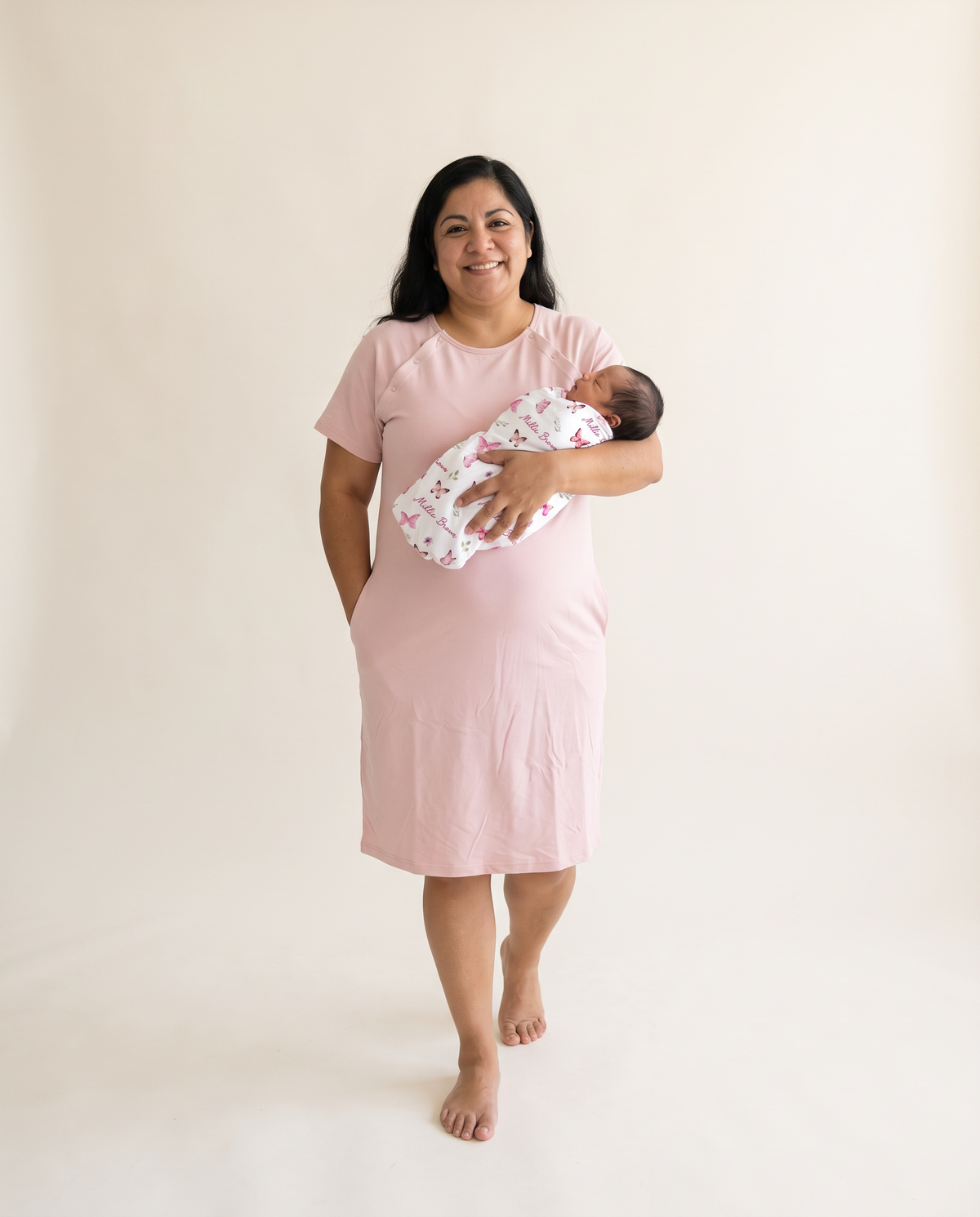 Labor & Delivery Gown in Pink — mom holding newborn