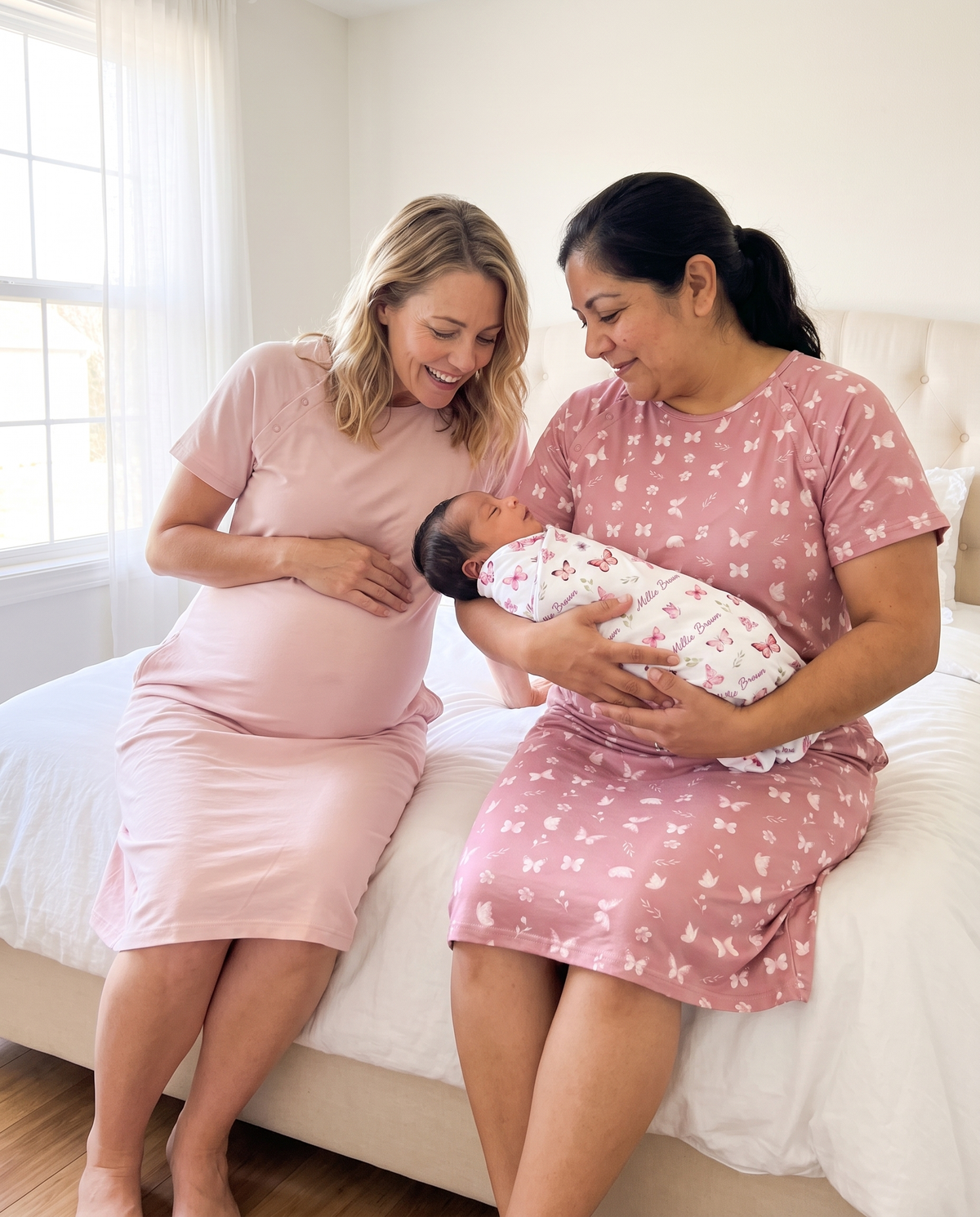 Labor & Delivery Gown in Pink — two moms in different colors