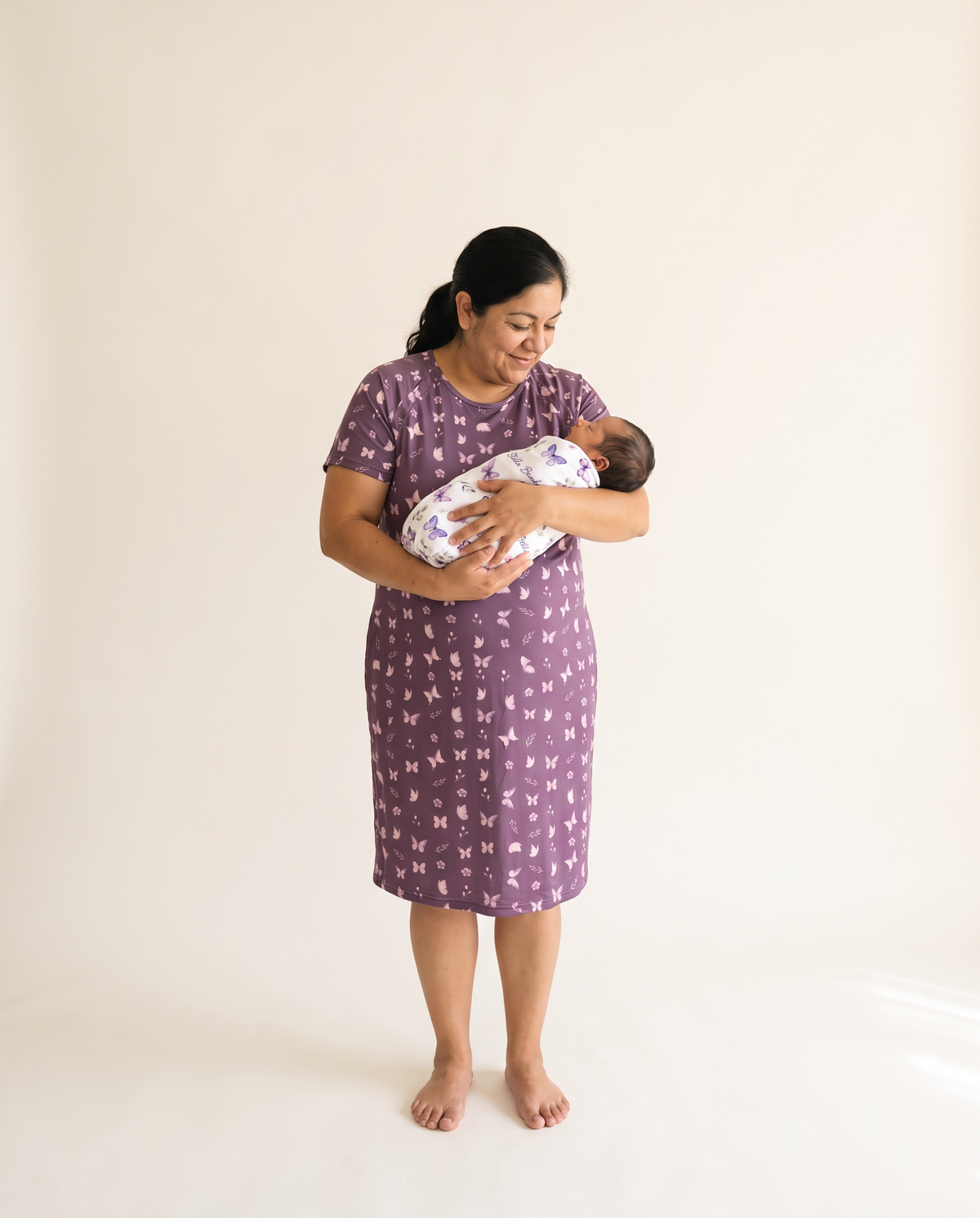 Labor & Delivery Gown in Plum Butterfly — mom holding newborn