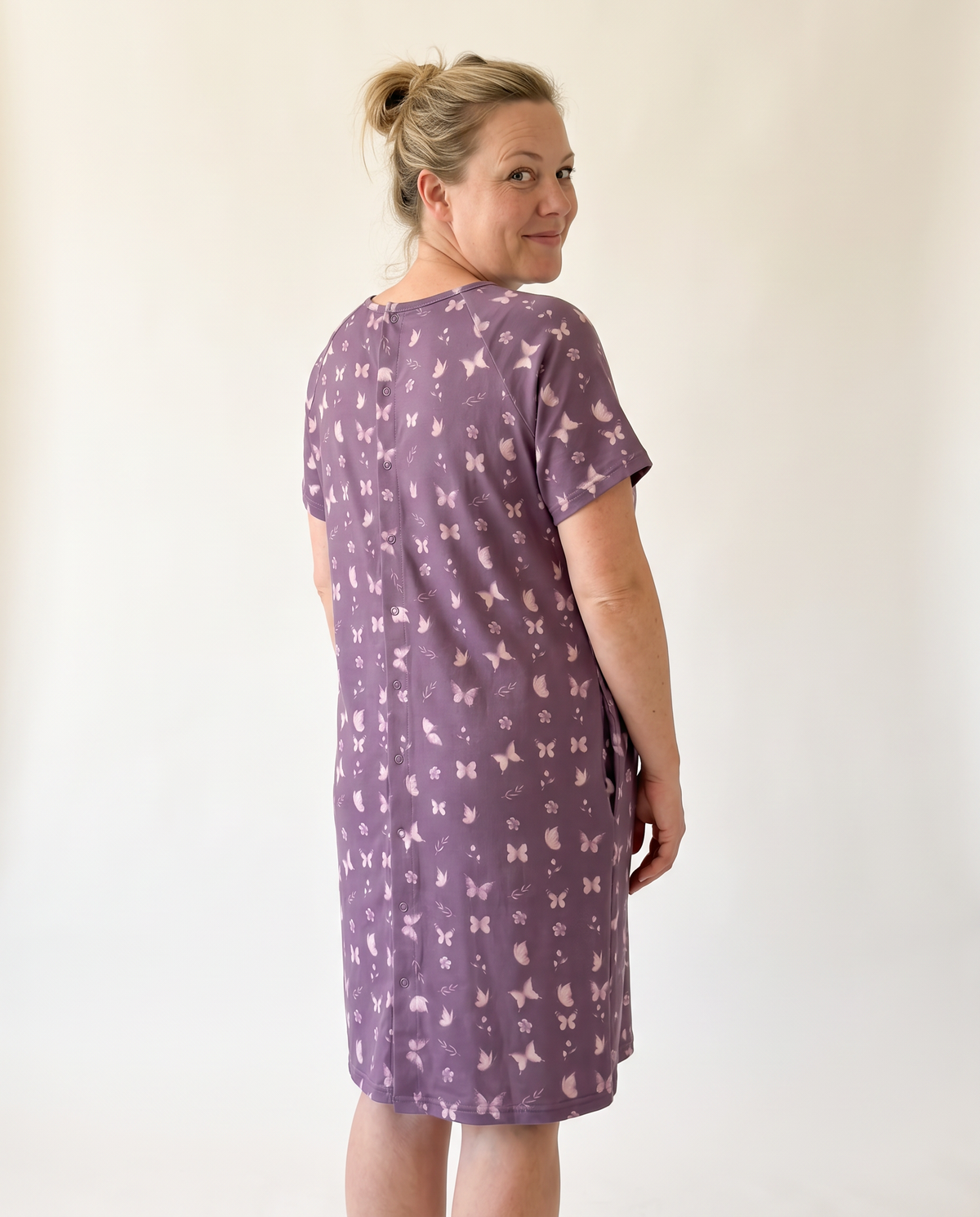 Labor & Delivery Gown in Plum Butterfly — back view with snaps